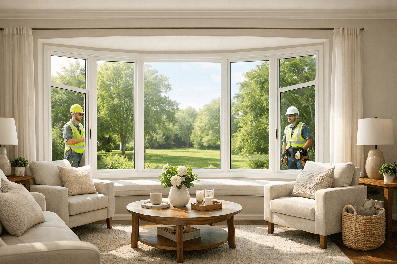 Bright sitting area with bow window in home