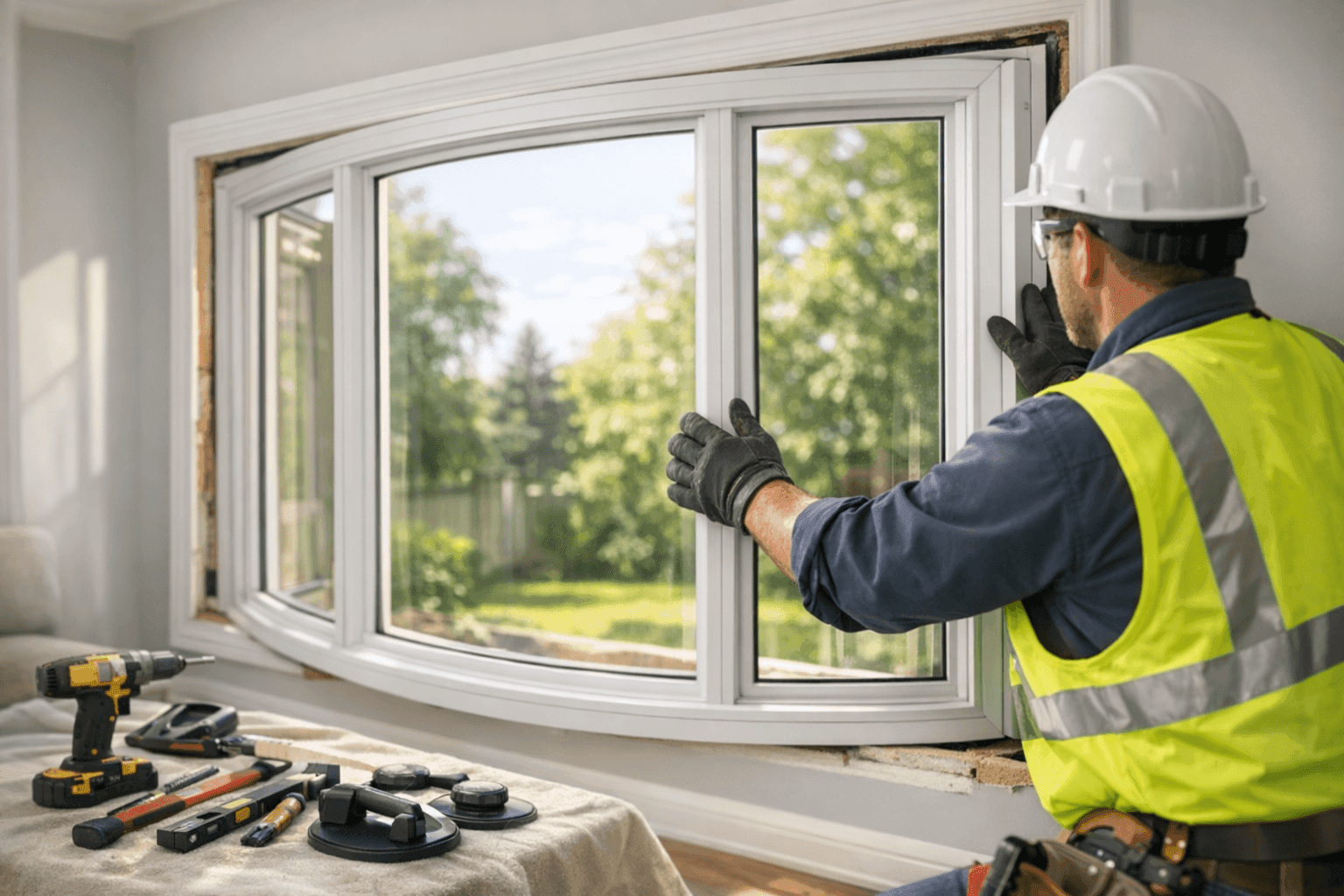 Installer setting a new bow window into a bright living room wall