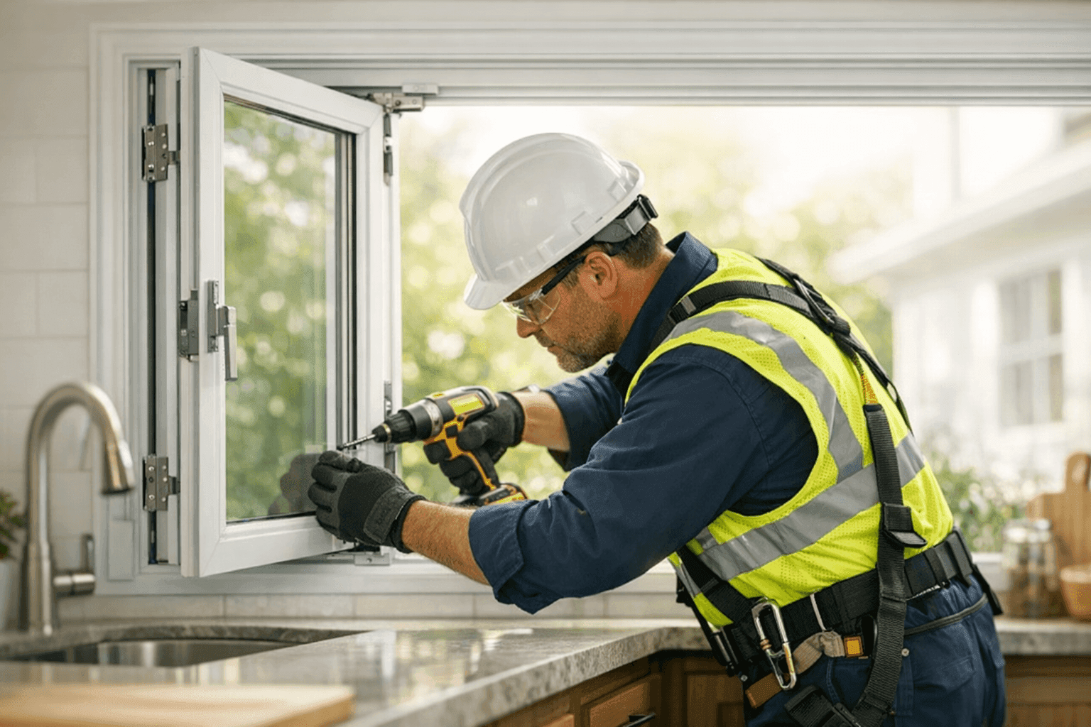 Installer securing a casement window in a kitchen setting