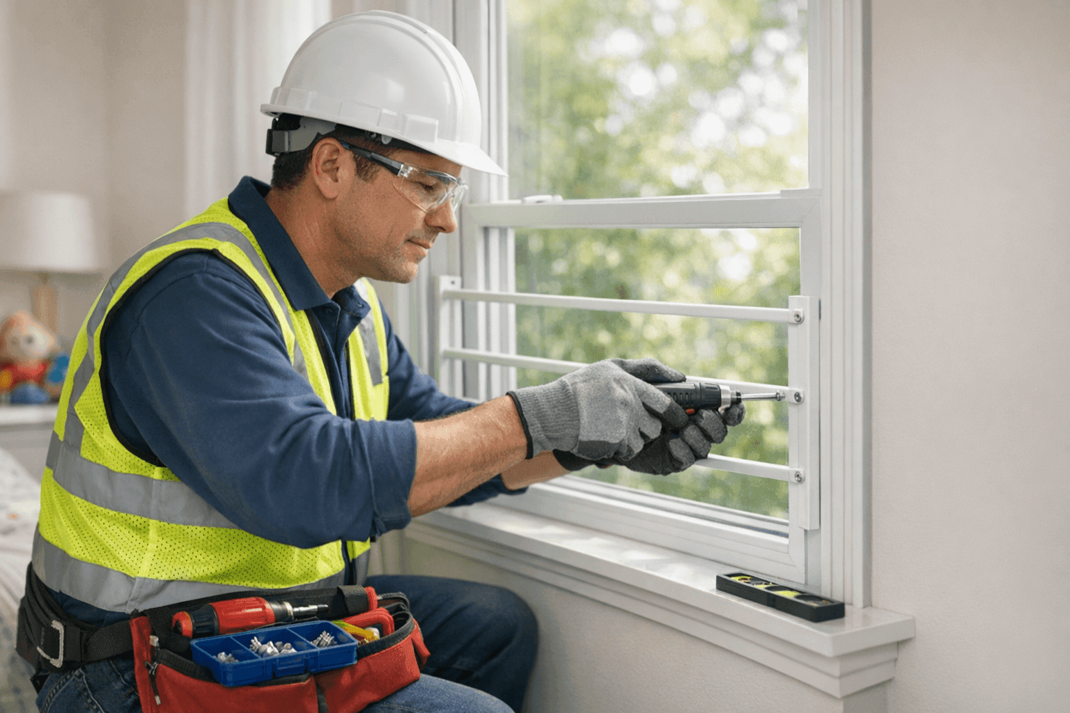 Parent installing window guard for child safety