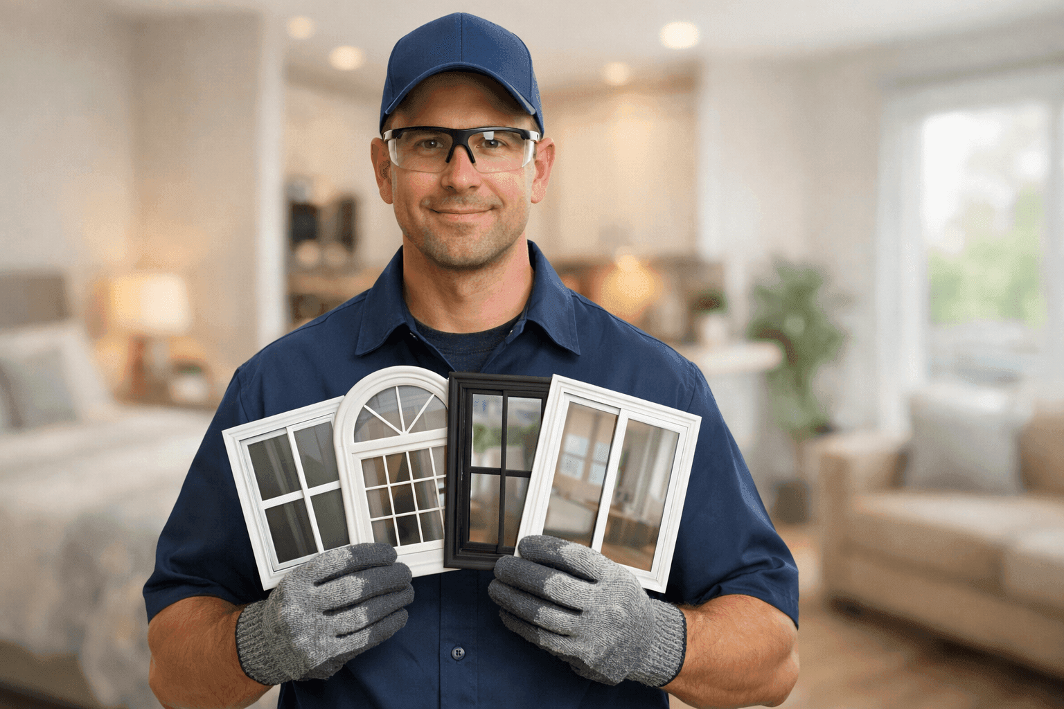 Technician holding window style samples in different rooms of a house