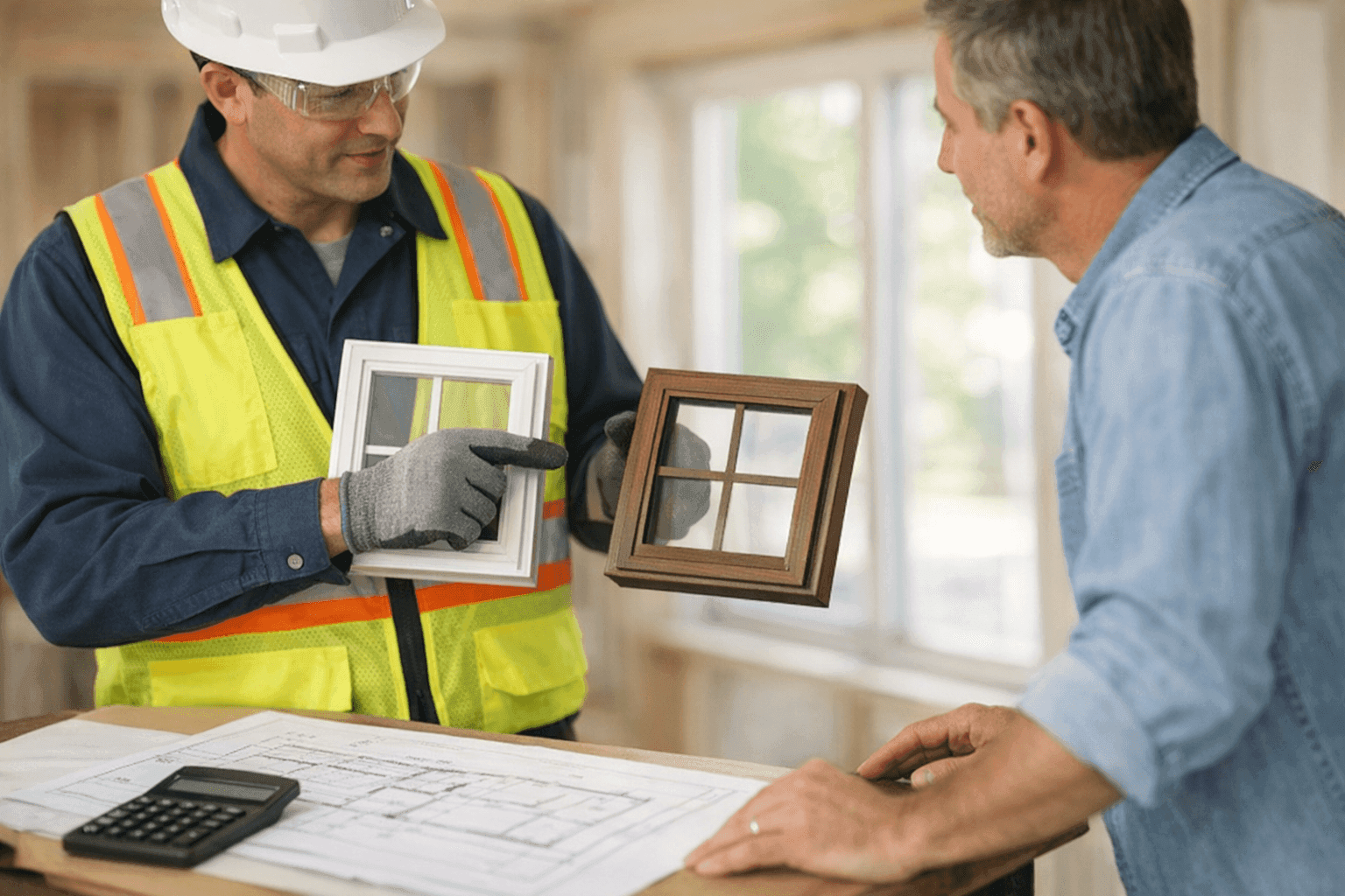 Technician showing window samples to homeowner reviewing home value