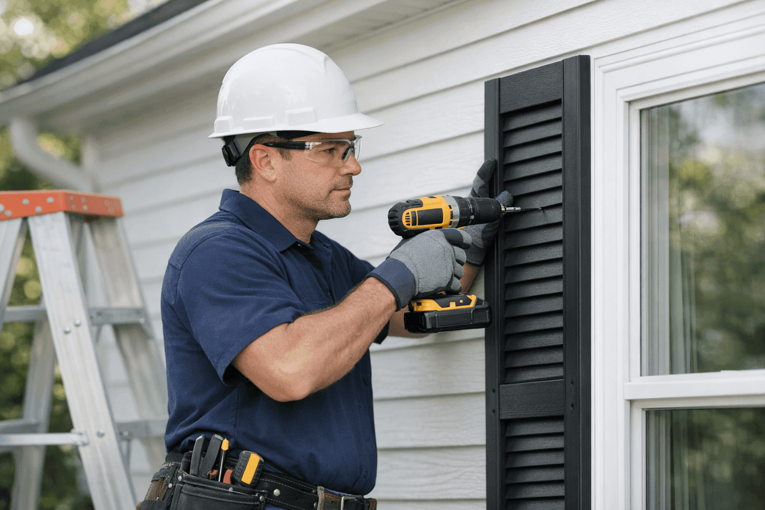 Technician installing exterior window shutters on home