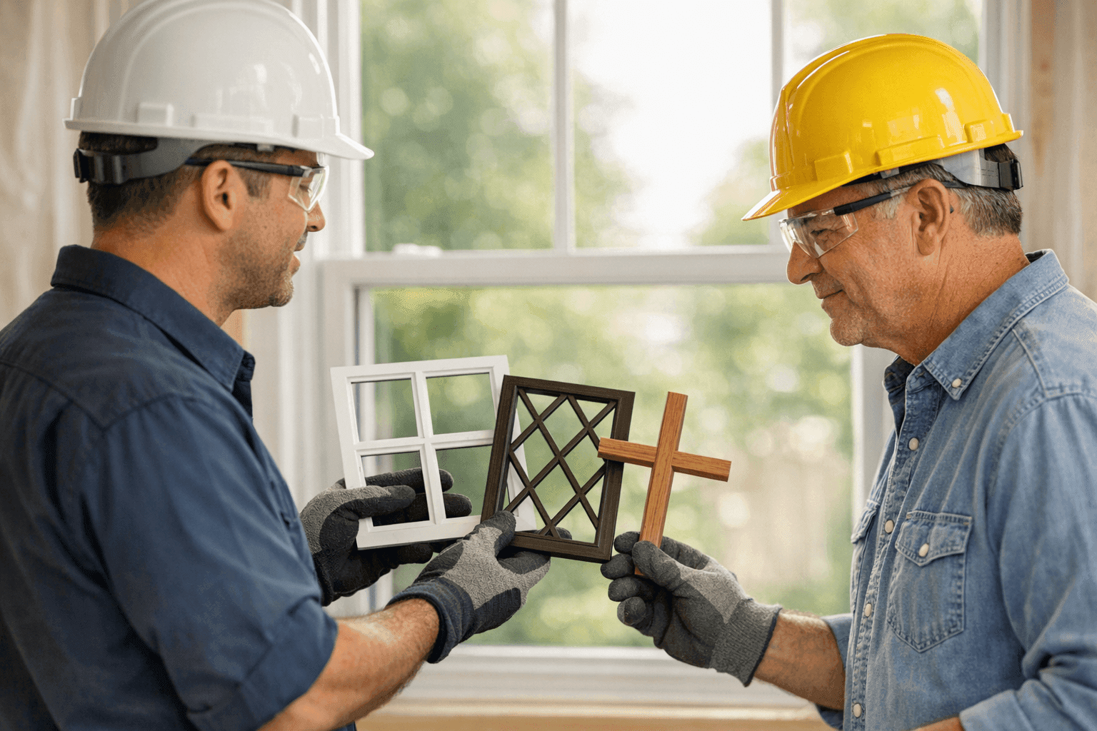 Designer showing window grille options to homeowner