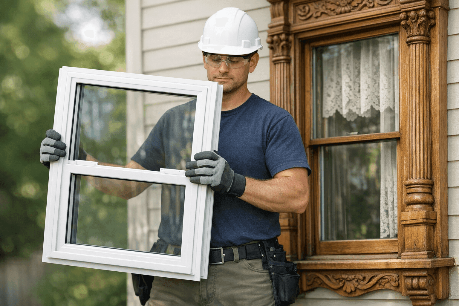 Technician holding replacement window next to historic home window