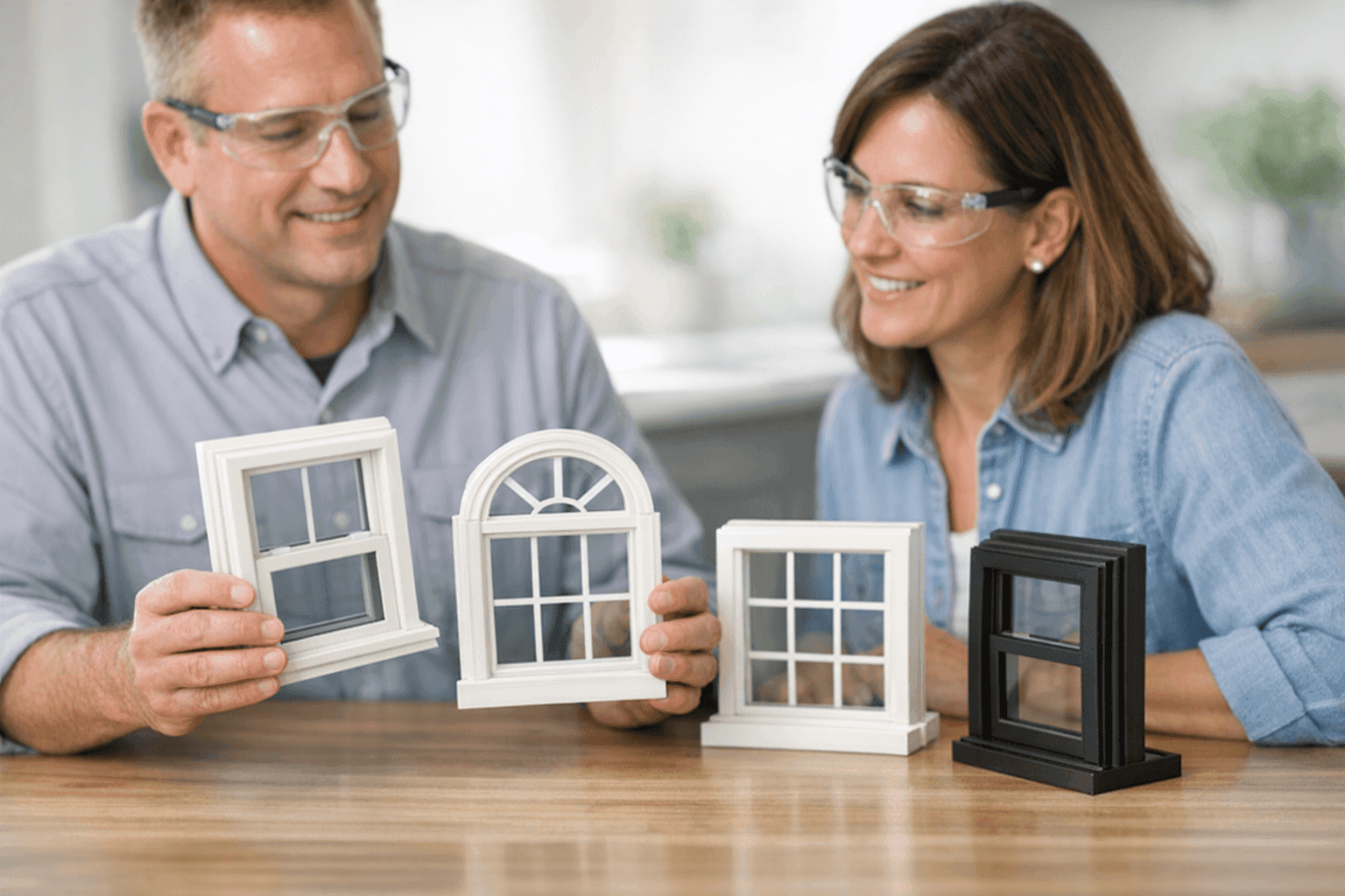 Designer presenting window style samples to homeowner