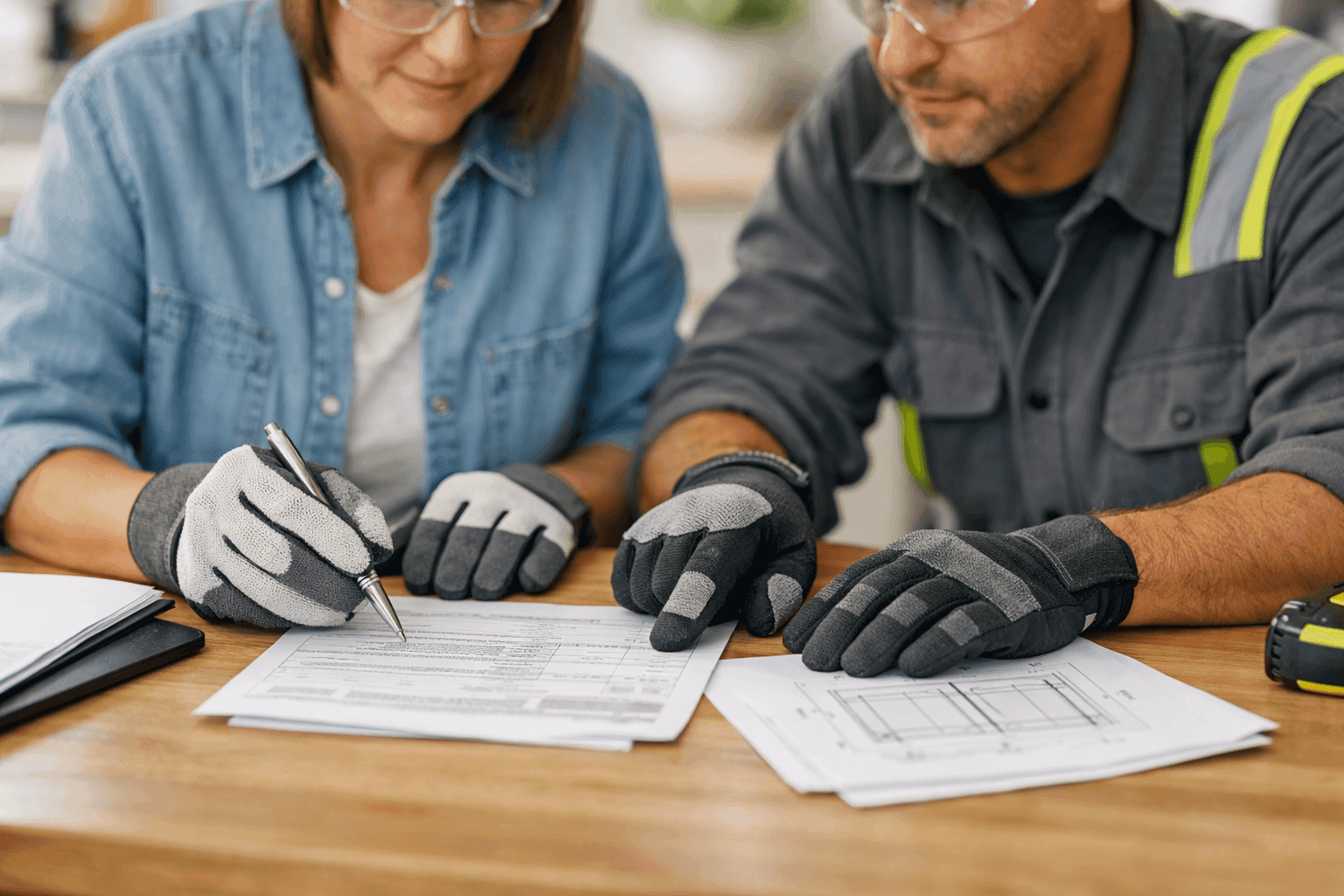 Homeowner reviewing window contractor's credentials at kitchen table