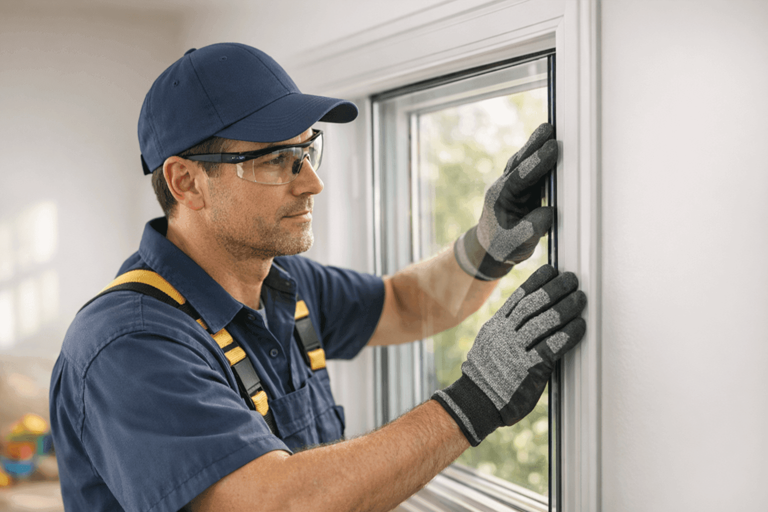 Technician installing safety glass window in family home