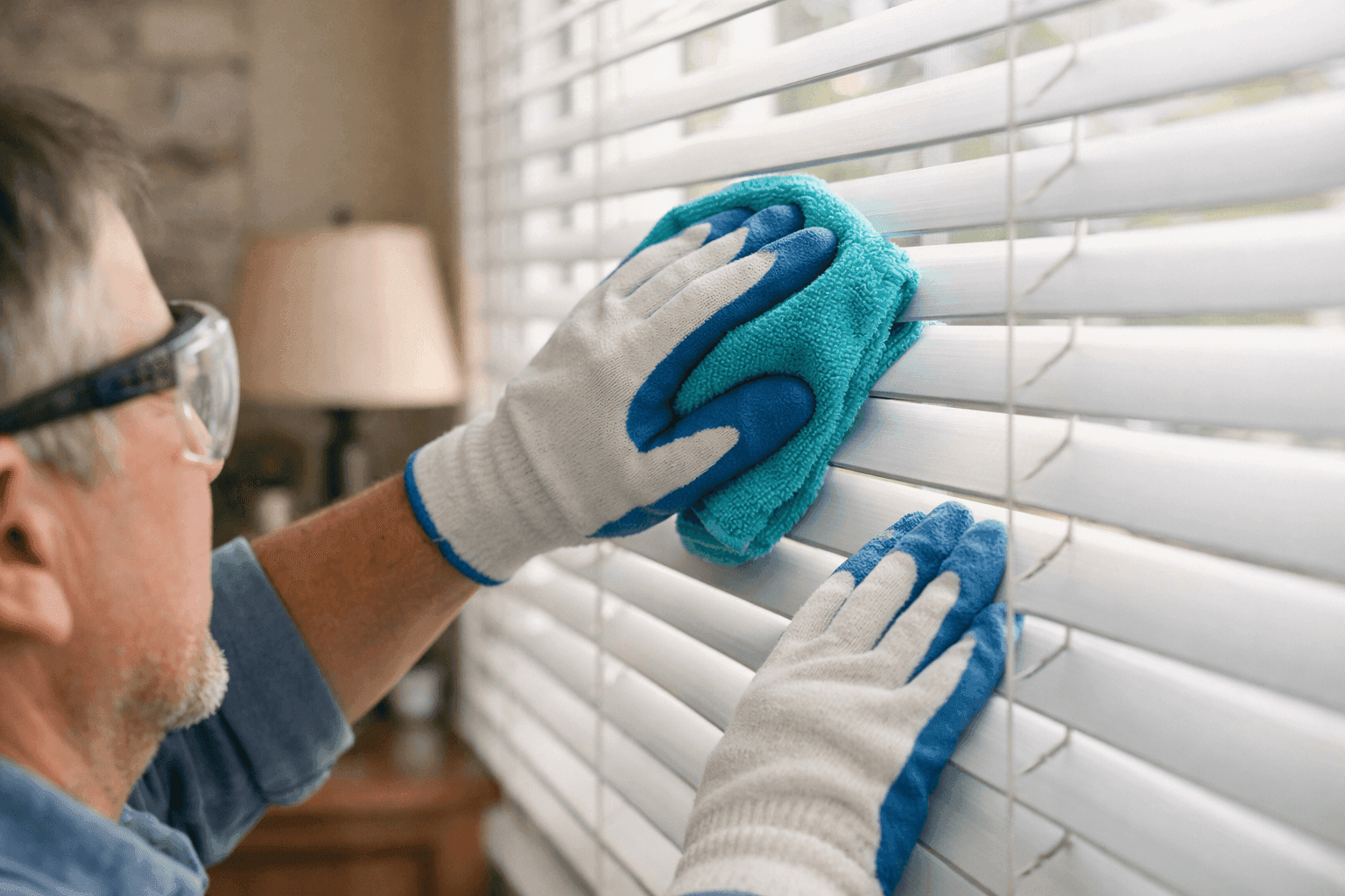 Homeowner cleaning window blinds with microfiber cloth