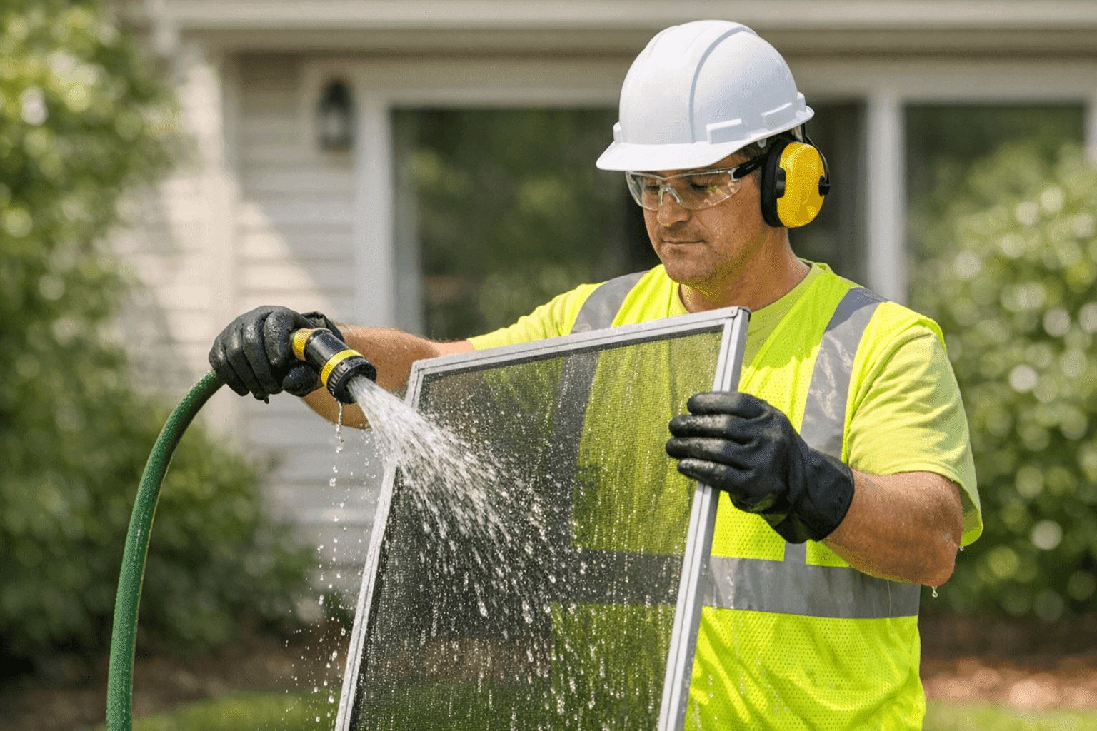 Homeowner washing window screen outdoors