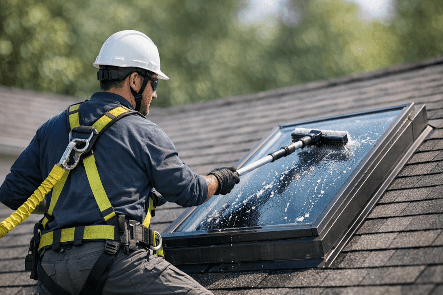 Technician cleaning skylight with telescoping pole