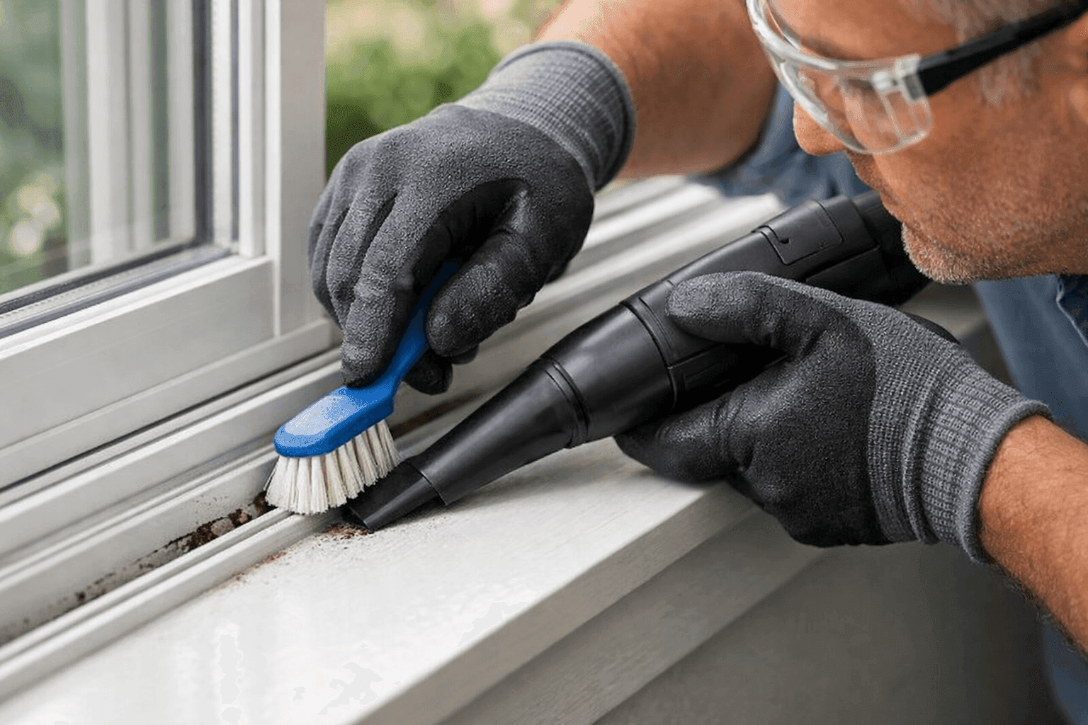 Homeowner cleaning window tracks with brush