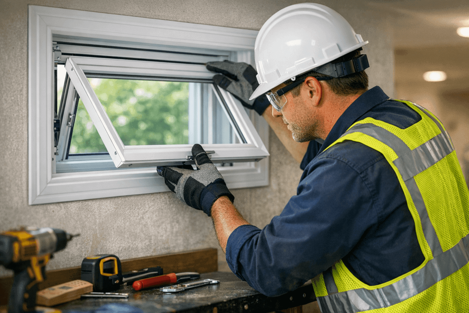 Installer fitting a new hopper window in a finished basement