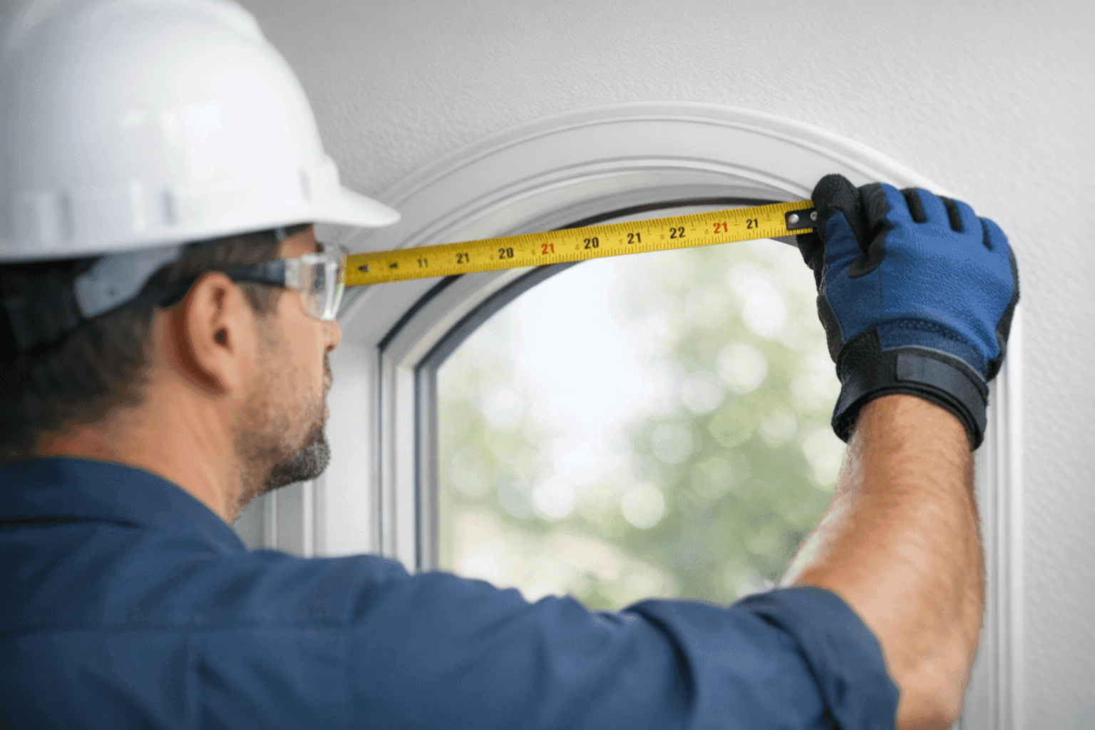 Technician measuring a specialty-shaped window opening for custom fit