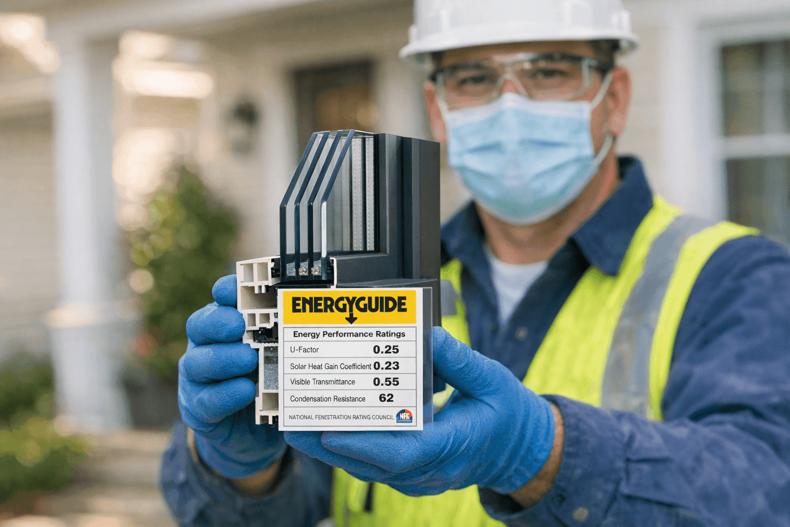Technician demonstrating insulated window with energy rating label