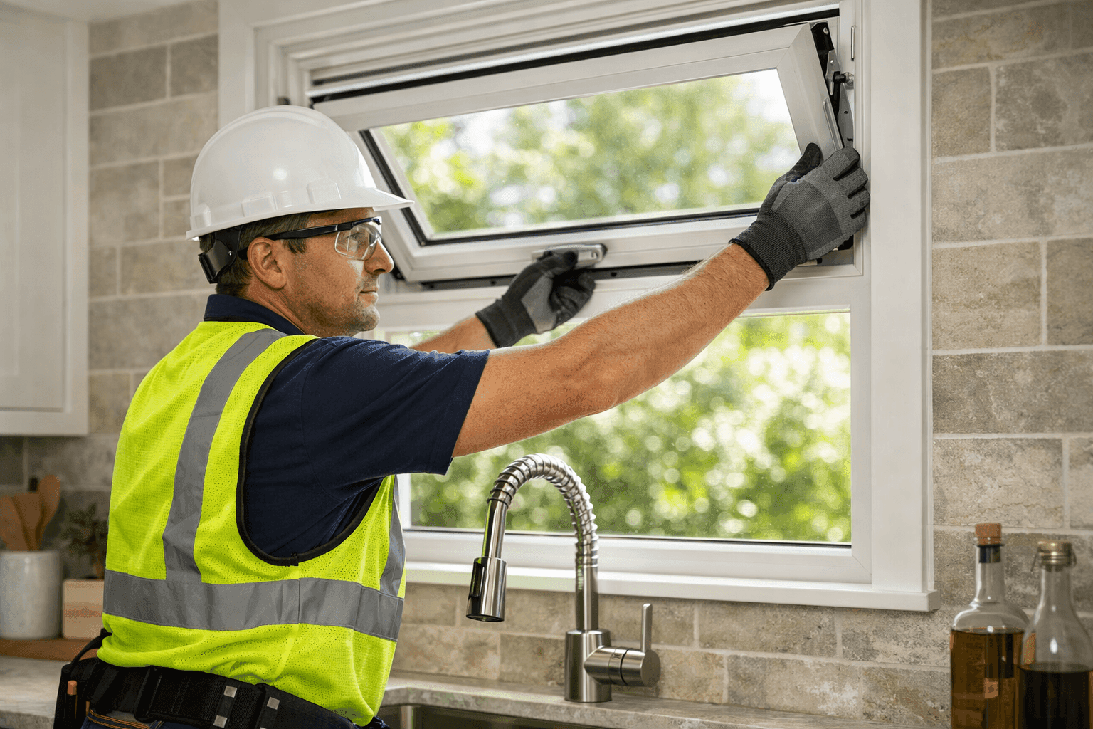 Installer mounting an awning window above a kitchen sink