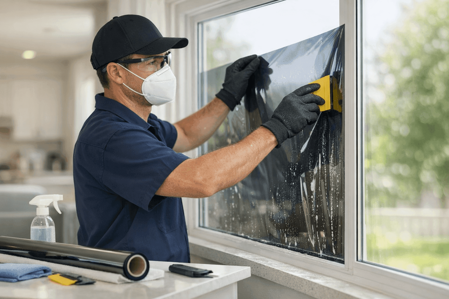 Technician applying window film to residential window