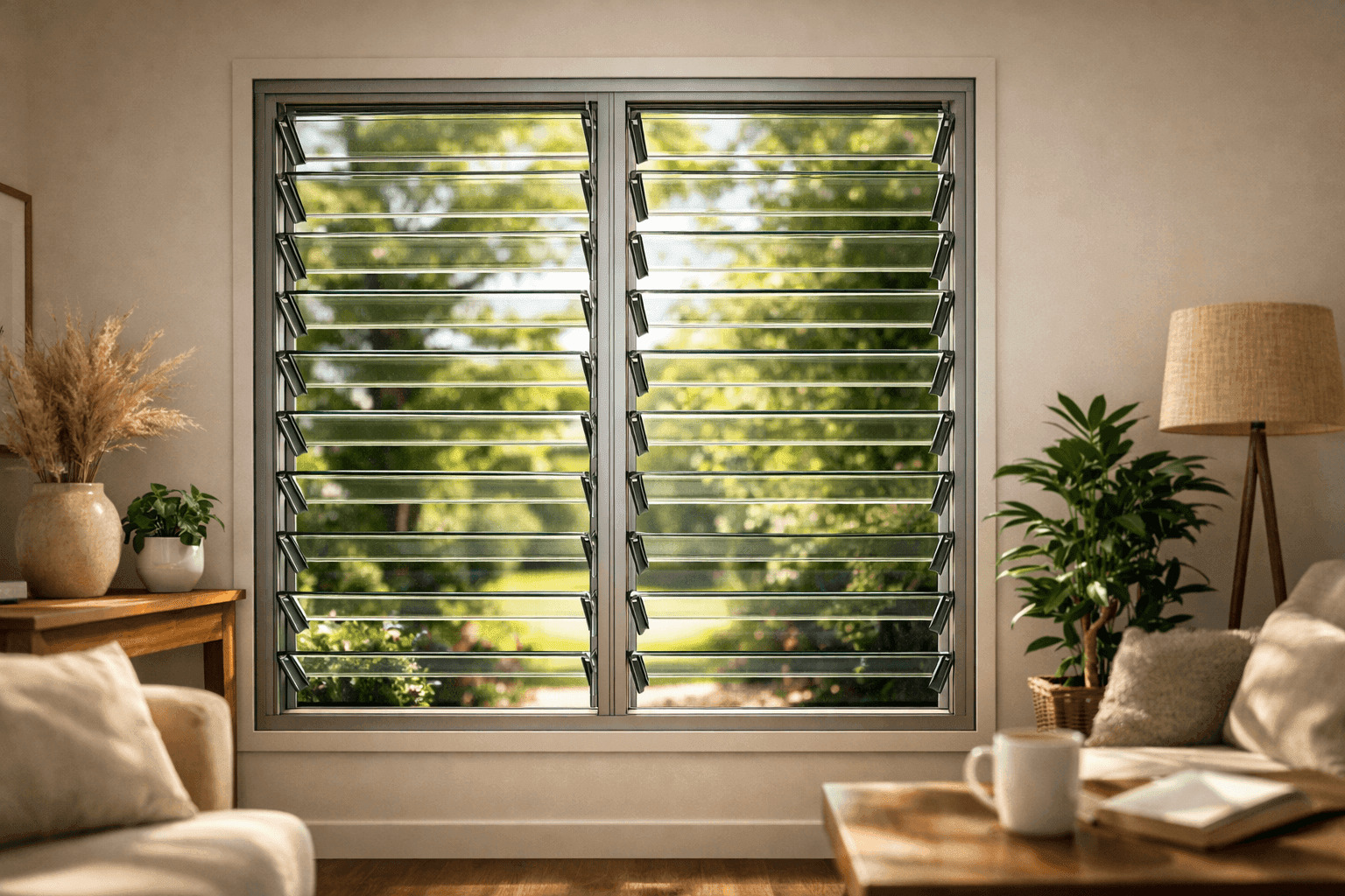 Jalousie window open for ventilation in home