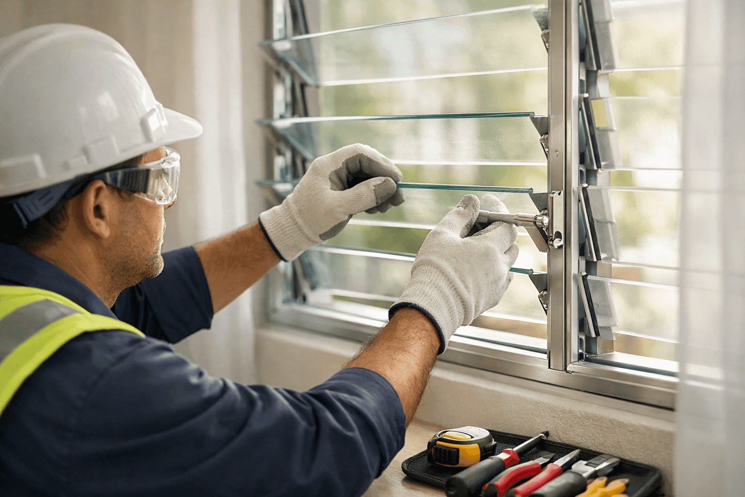 Installer adjusting glass slats on a newly installed jalousie window