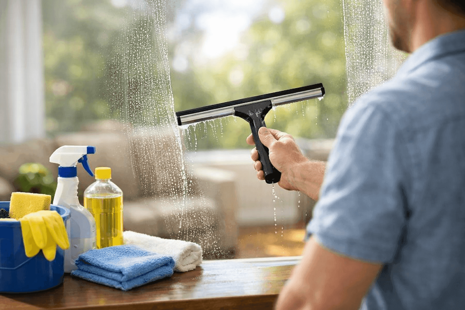 Homeowner wiping a large living room window with a squeegee