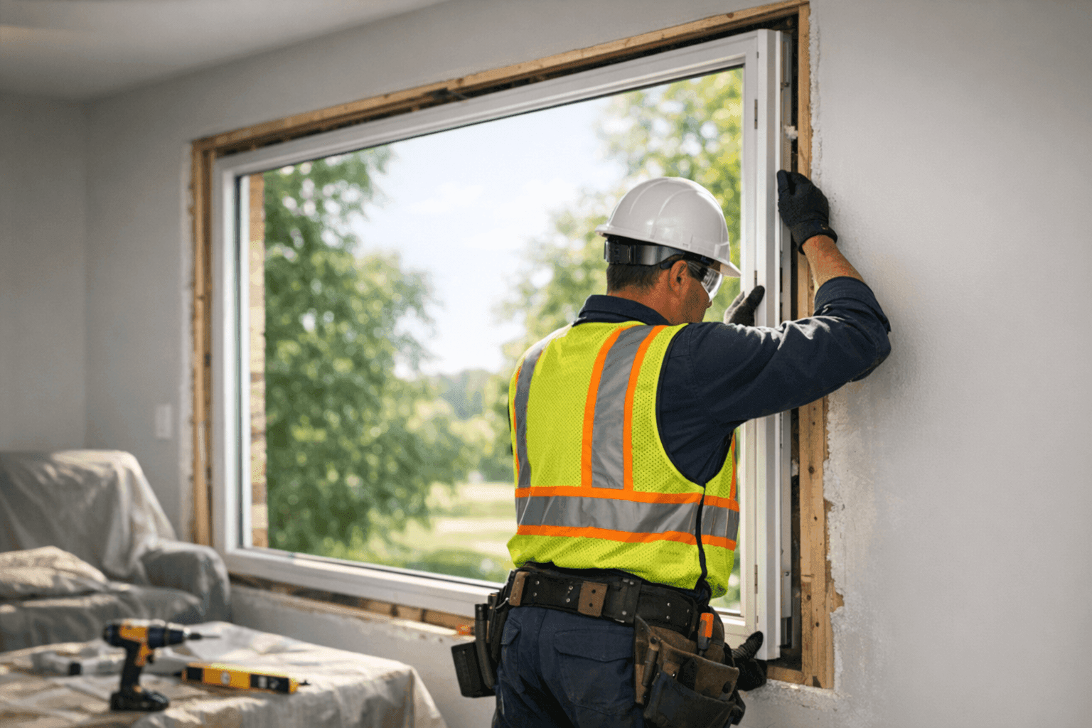 Installer fitting a large picture window in a modern living room