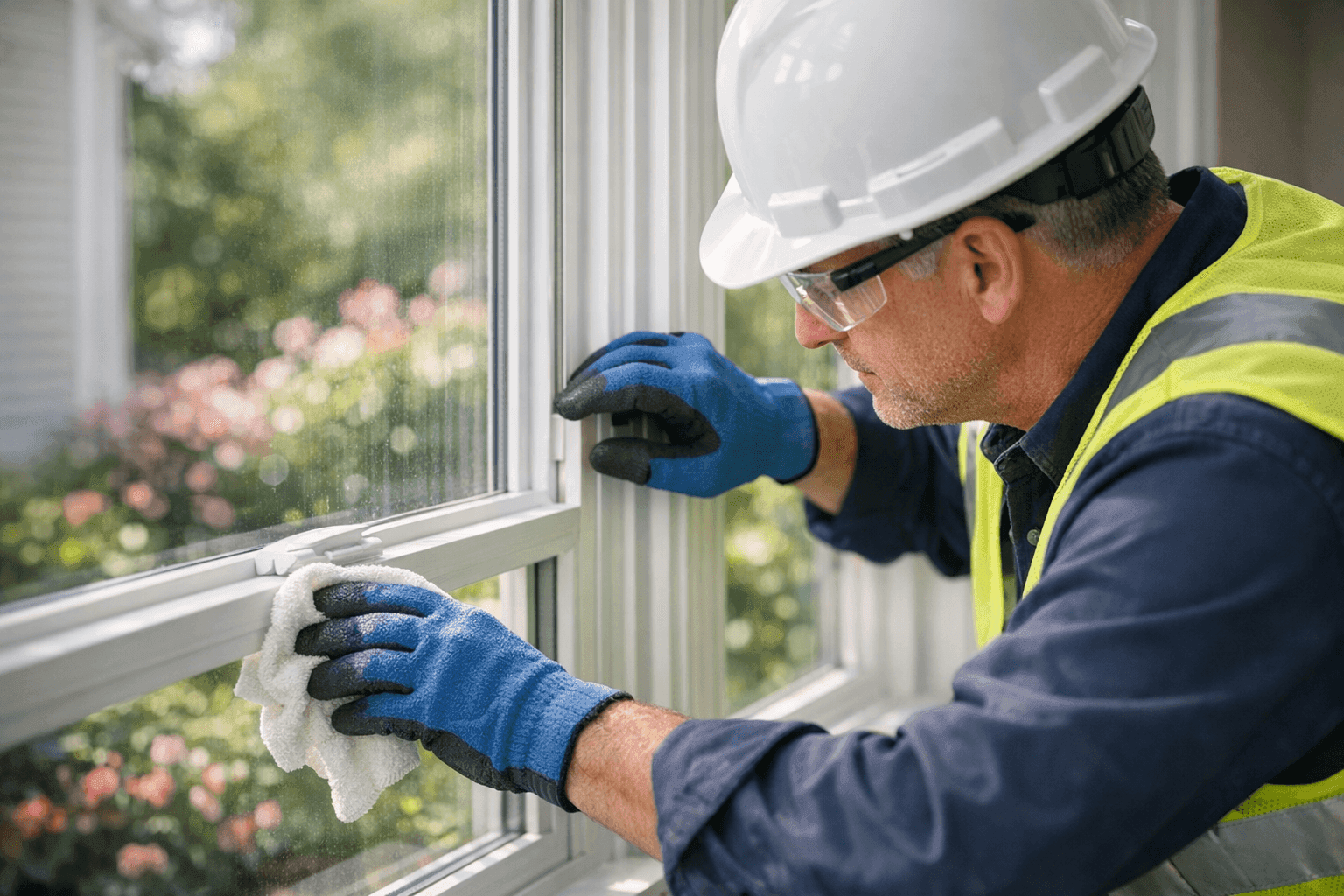 Homeowner cleaning window and inspecting frame in spring