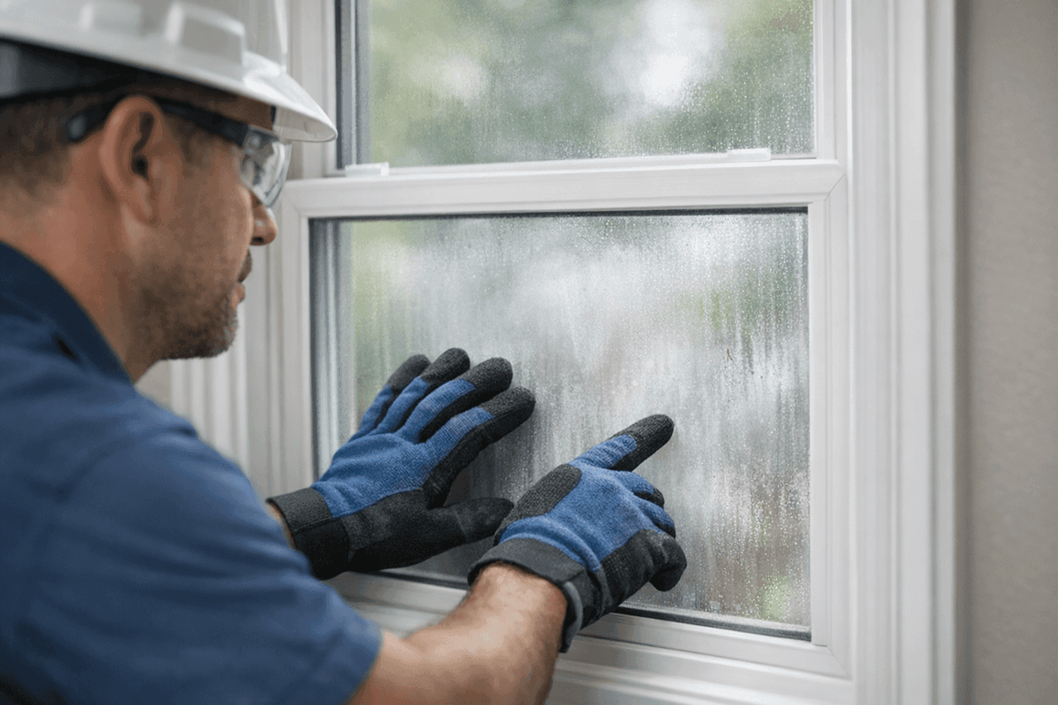 Close-up of technician inspecting foggy double-pane window