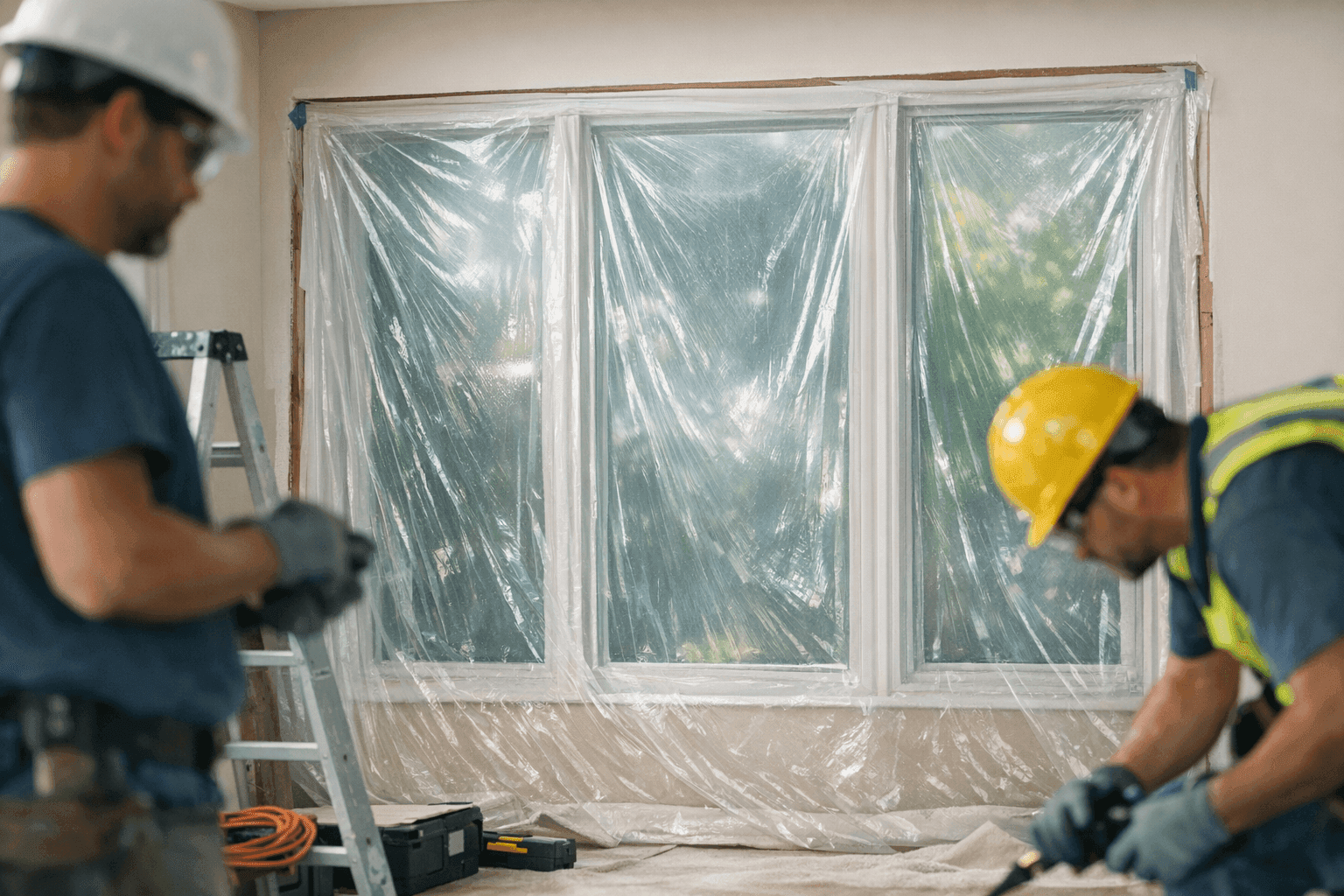 Windows protected with plastic film during renovation