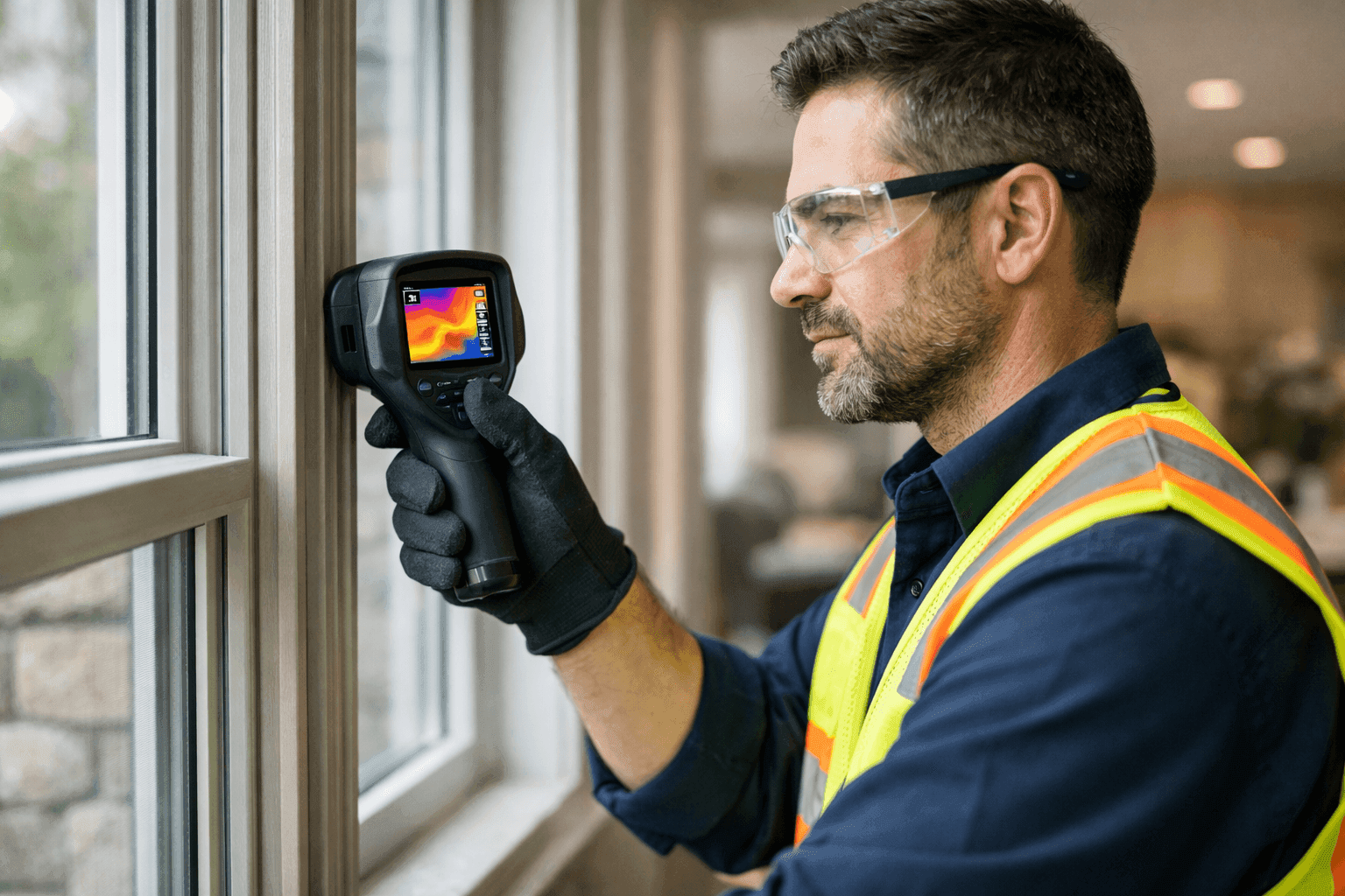 Technician checking window for air drafts with thermal scanner