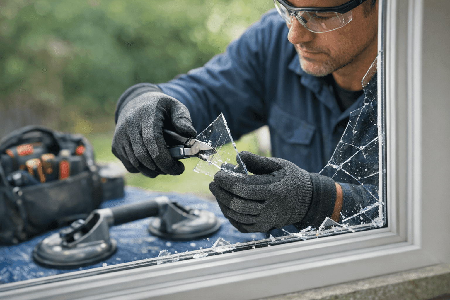 Technician removing broken glass from residential window
