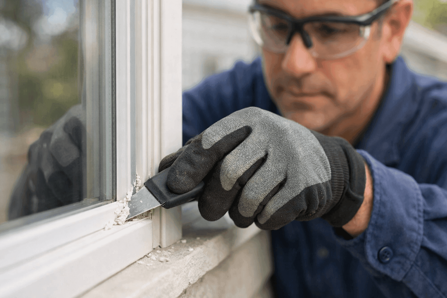 Technician removing old caulk from window frame