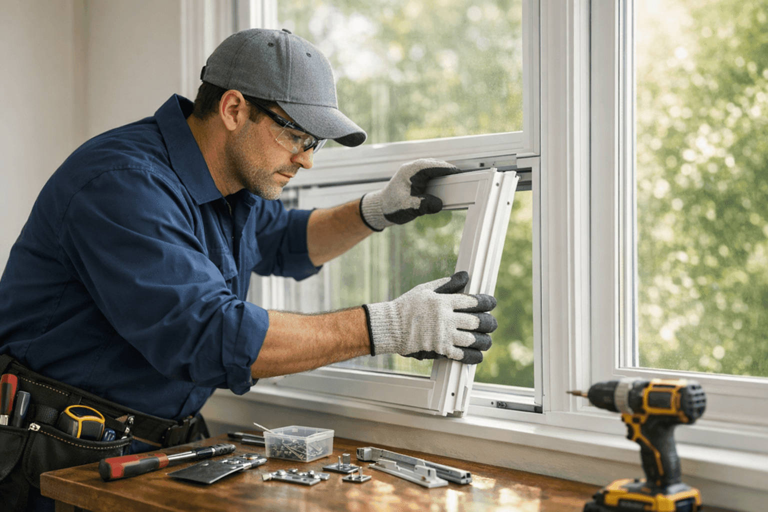 Technician repairing window sash with tools