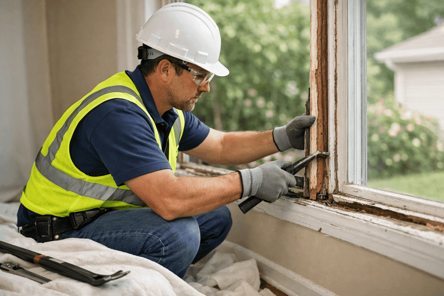 Technician removing old window frame from home