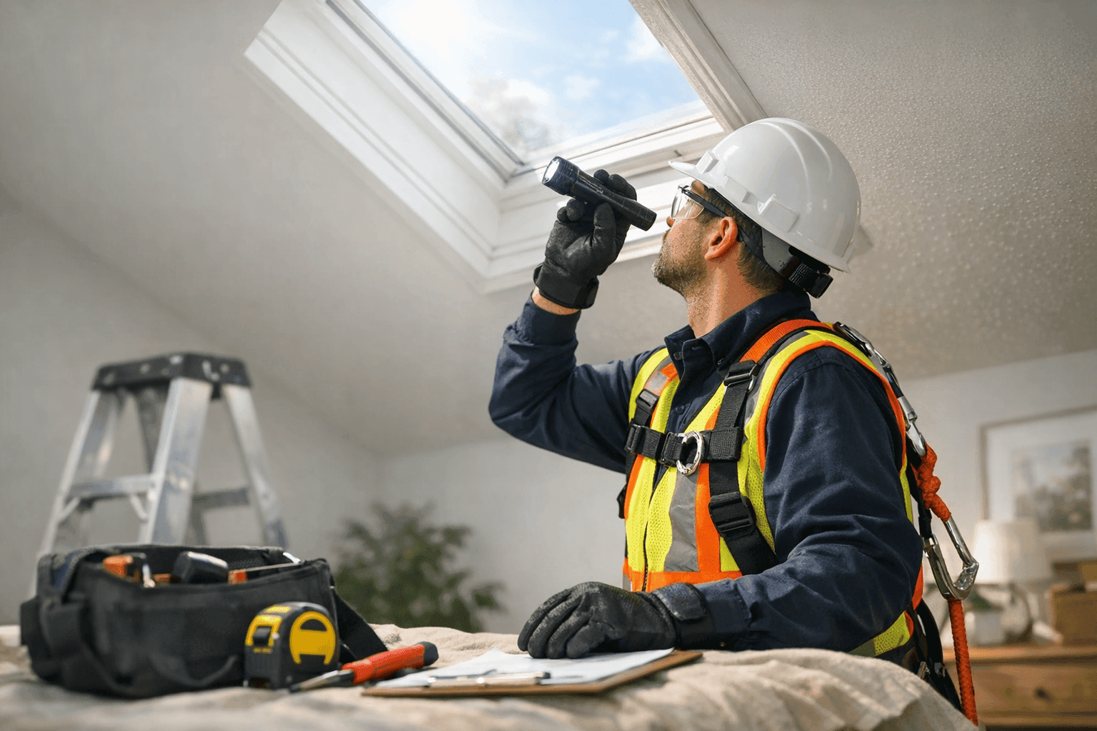 Technician inspecting a skylight for leaks with flashlight