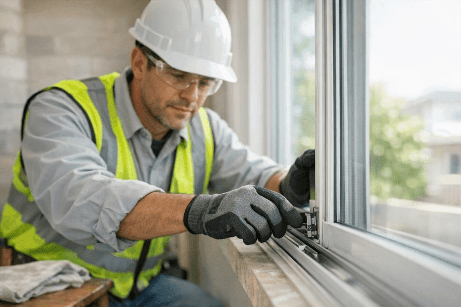 Installer adjusting a sliding window in a bright modern home