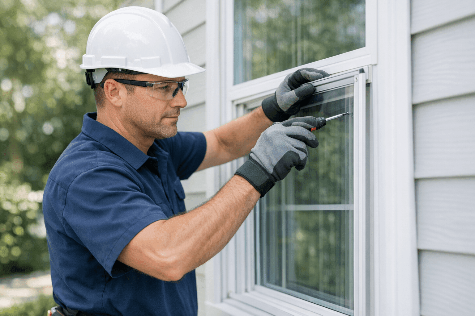 Installer fitting storm window panel on exterior of home