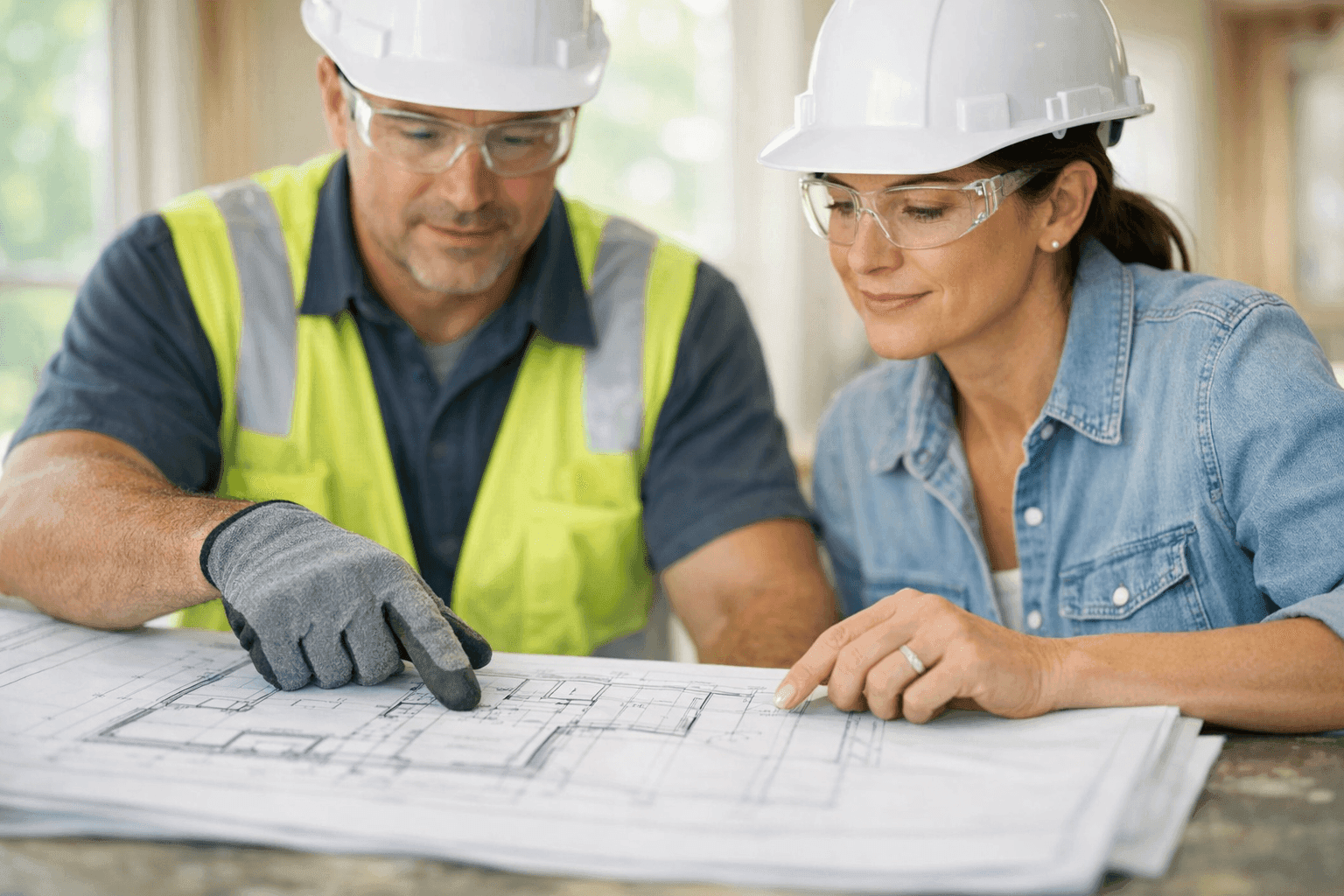 Contractor and homeowner reviewing window installation plans together