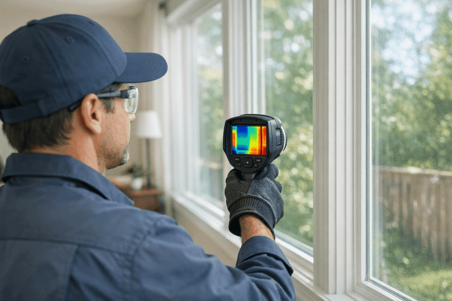 Technician using infrared scanner on residential windows during energy audit