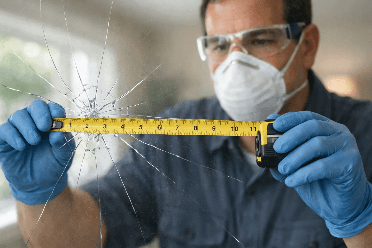 Technician measuring a cracked window pane for replacement