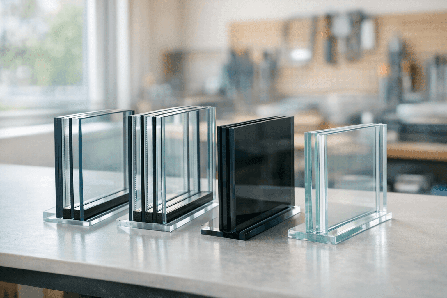 Close-up of different types of window glass samples