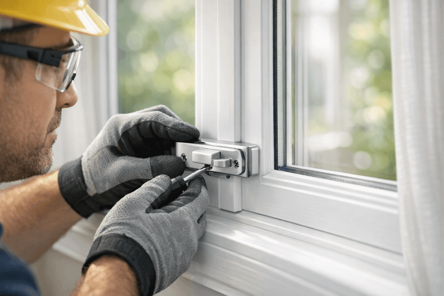Technician installing a secure window lock on a residential window