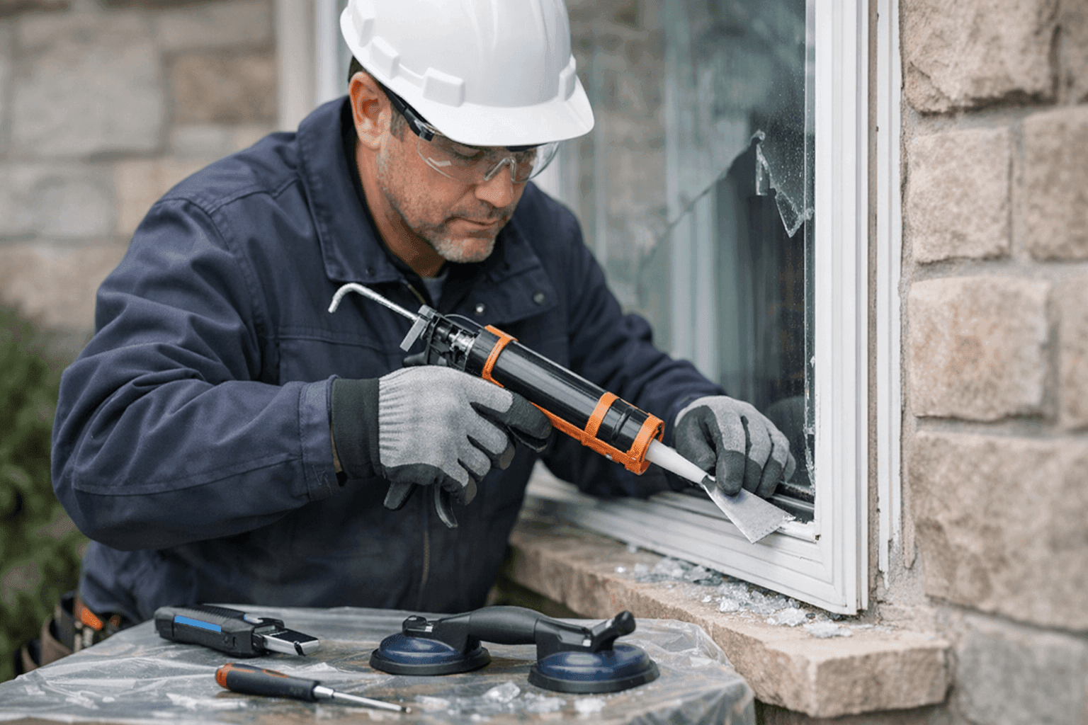 Technician repairing storm-damaged window in home
