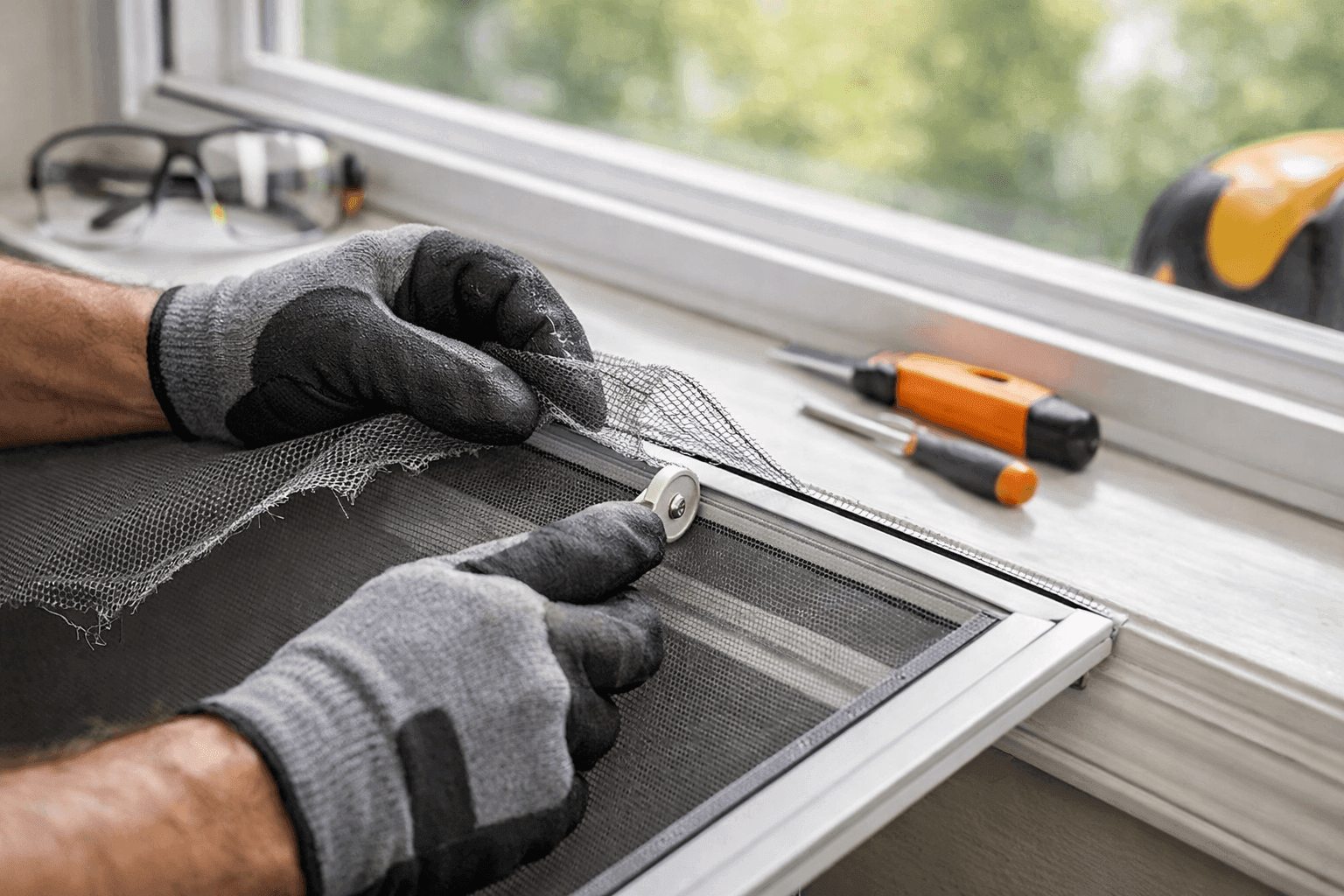 Homeowner replacing torn window screen in frame