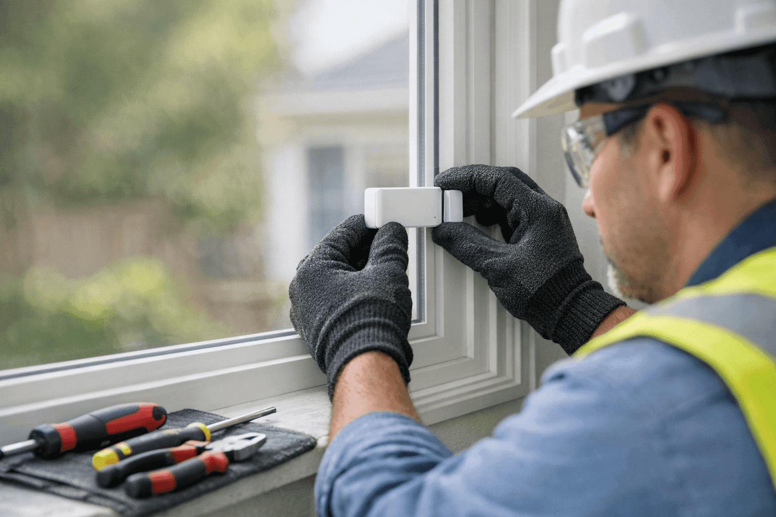 Technician installing a window security sensor on a residential window
