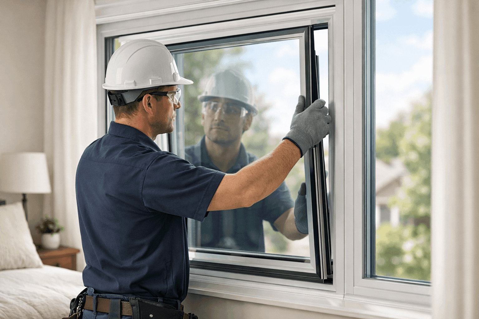 Technician installing soundproof window in bedroom