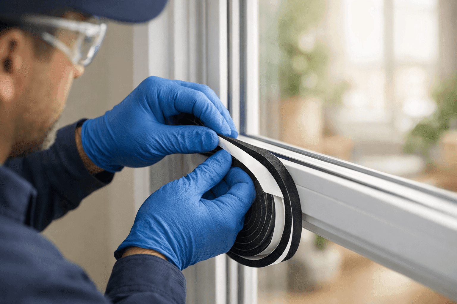 Technician applying weatherstripping tape to window sash